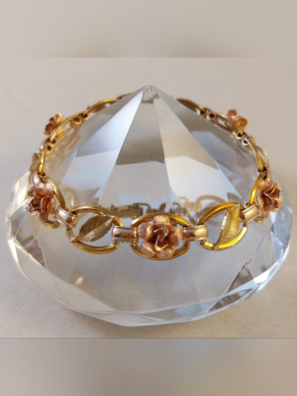 Vintage Gold and Rose Floral Link Bracelet - Women Jewelry